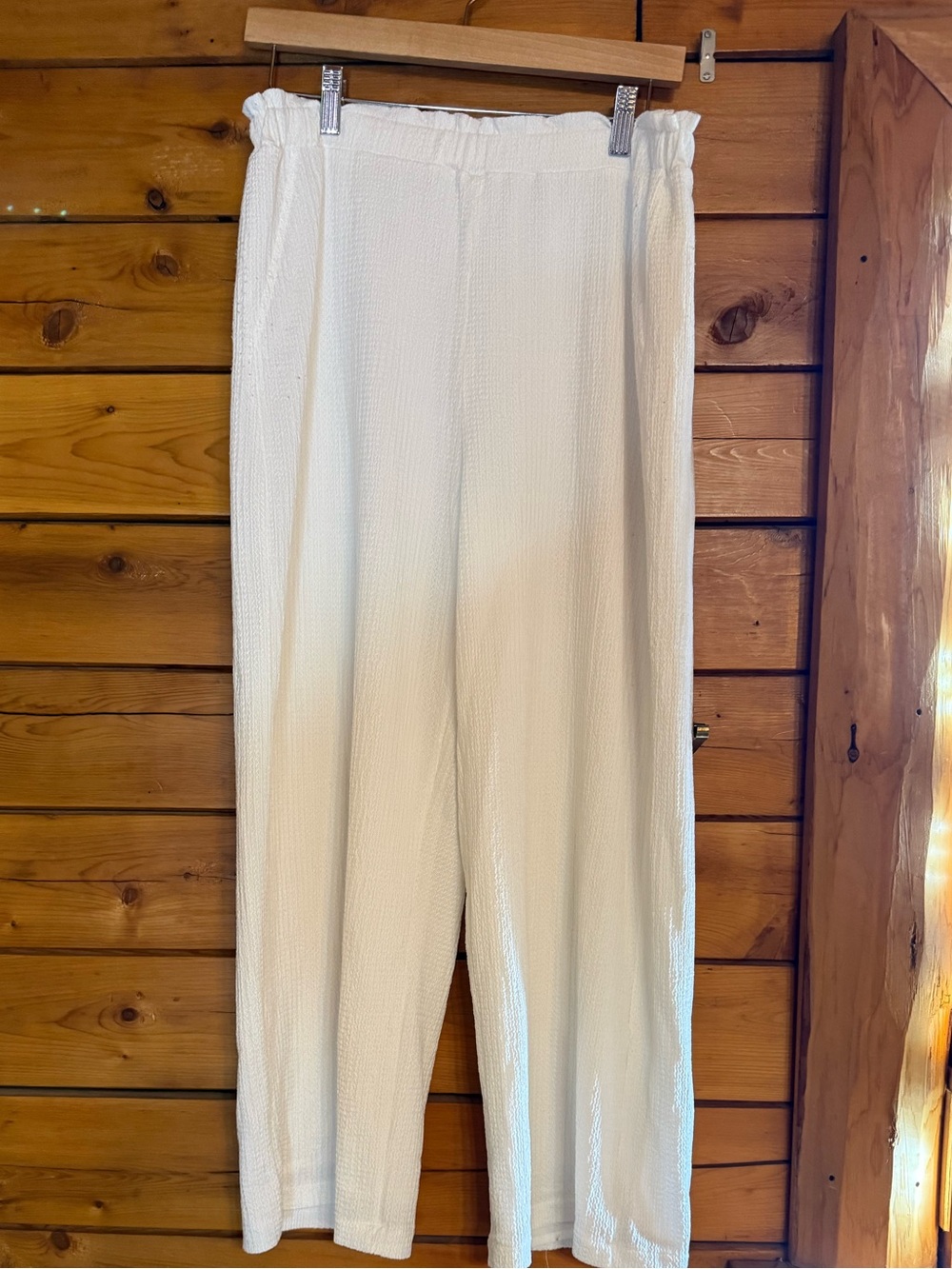 White Crinkle Gauze Wide Leg Pants Smocked Ruffle Waist Beach Coverup